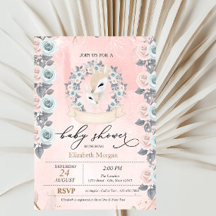 Cute Baby Deers Border Roses Baby Shower Invitation