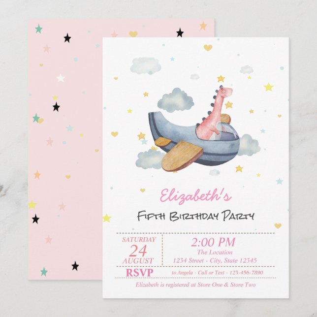Cute Baby Dino Airplane Stars Birthday  Invitation (Front/Back)