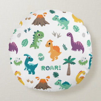 Cute Baby Dino Dinosaur pattern Kids Birthday Round Pillow