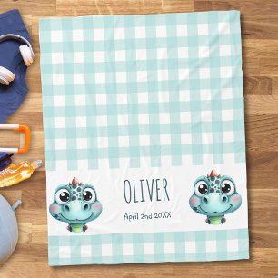 Cute Baby Dino Gingham Name Birth Date Fleece Blanket