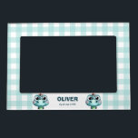 Cute Baby Dino Gingham Name Birth Date Magnetic Frame<br><div class="desc">This adorable magnetic frame features a soft teal gingham pattern with two cute baby dinosaur faces. You can personalize it with your little loved one's name and birth date.</div>