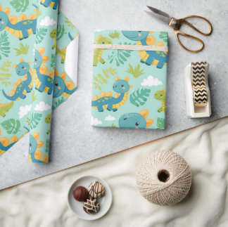 Cute baby dinos, boho style seamless wrapping paper