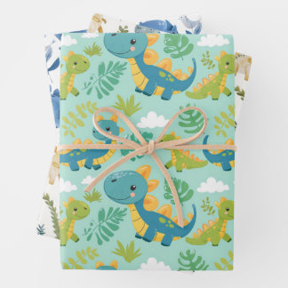 Cute baby dinos, boho style seamless wrapping paper sheet