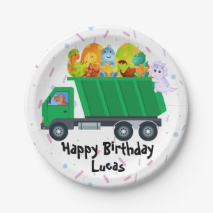 Cute baby dinosaur egg garbage truck Birthday Part Paper Plate
