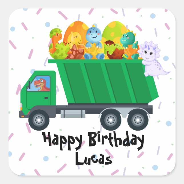 Cute baby dinosaur egg garbage truck Birthday Part Square Sticker (Front)