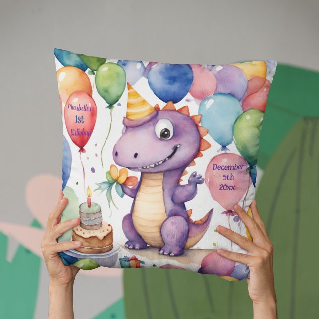Cute Baby Dinosaur Girls Personalized Birthday Throw Pillow (Creator Uploaded)