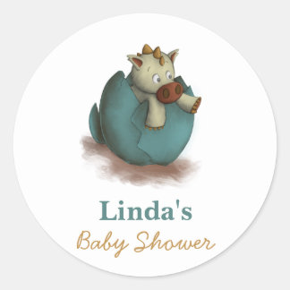 Cute Baby Dinosaur Hatching Neutral Baby Shower Classic Round Sticker
