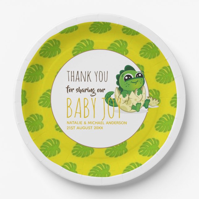 Cute Baby Dinosaur Hatching Shower Party Jurassic Paper Plate (Front)
