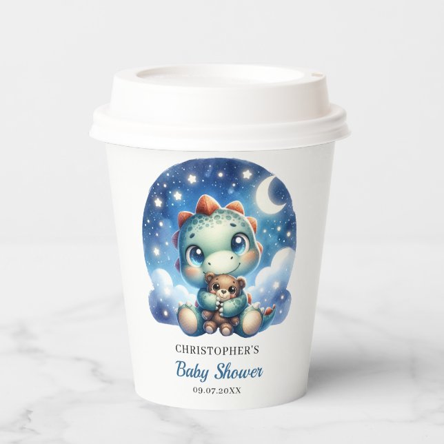Cute baby dinosaur hugging bear in starry night paper cups (Front)