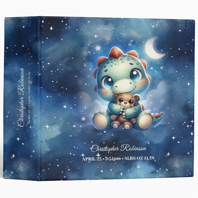 Cute baby dinosaur hugging teddy bear starry night binder (Front/Spine)