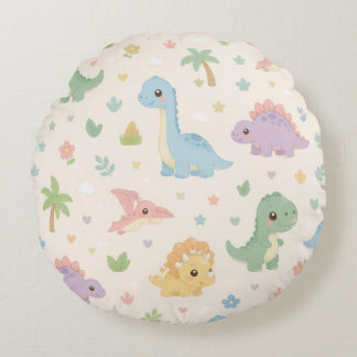 Cute Baby Dinosaur Pastel Seamless Pattern for Kid Round Pillow