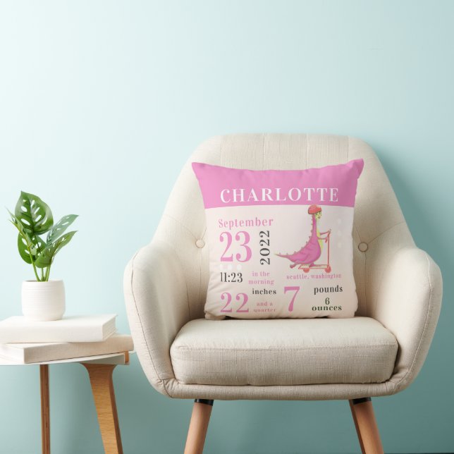 Cute Baby Dinosaur Pink Birth Stats Girl Nursery Throw Pillow (Chair)