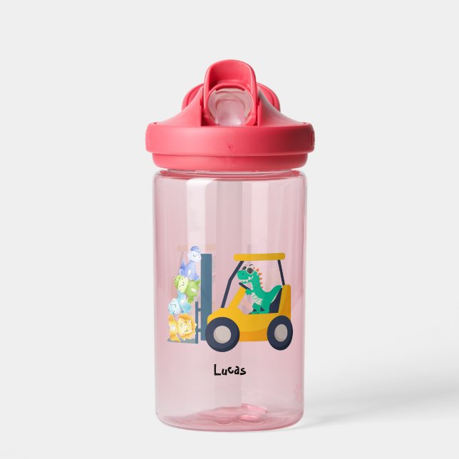 Cute baby dinosaur tractor Truck Back 2 School kid Water Bottle (Front)
