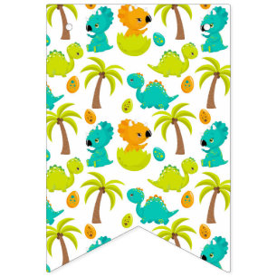 Cute Baby Dinosaur Triceratops Dino Eggs Palm Tree Bunting Flags