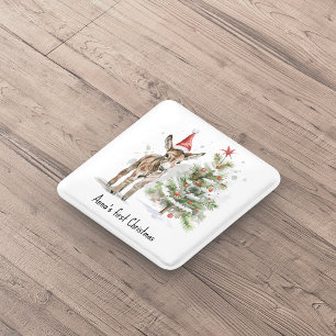 cute baby donkey and christmas tree, customizable 2 inch square button