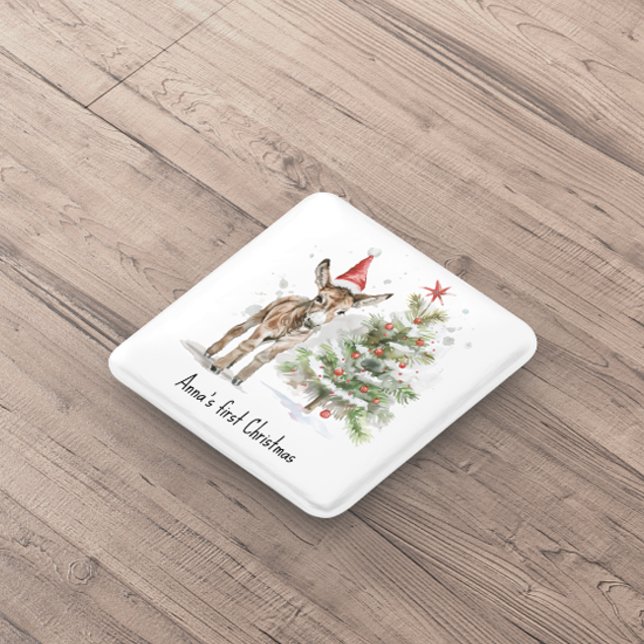 cute baby donkey and christmas tree, customizable 2 inch square button (Creator Uploaded)