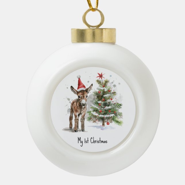 cute baby donkey and christmas tree, customizable ceramic ball christmas ornament (Front)