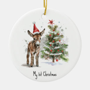 cute baby donkey and christmas tree, customizable ceramic ornament