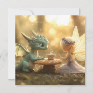 Cute Baby Dragon and Fairy Enjoying Tea  Holiday Card