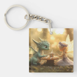 Cute Baby Dragon and Fairy Enjoying Tea Keychain