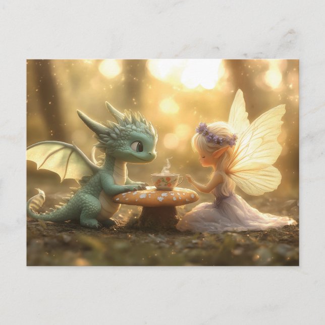 Cute Baby Dragon and Fairy Enjoying Tea  Postcard (Front)