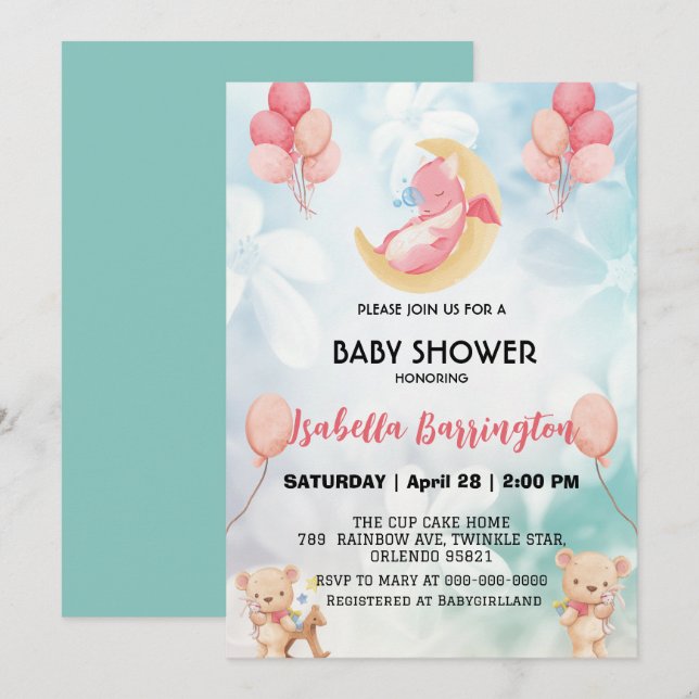 Cute baby dragon dinosaur Bear Balloon baby shower Invitation (Front/Back)