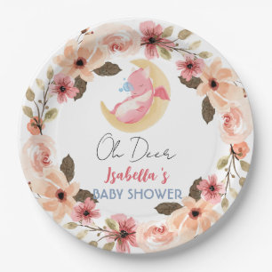 Cute baby dragon dinosaur wildflower baby shower paper plate