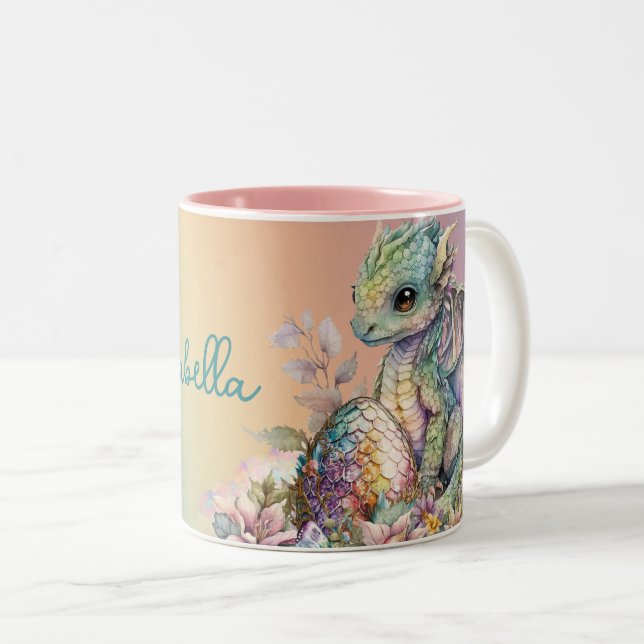 Cute Baby Dragon Egg on Rainbow Two-Tone Coffee Mug (Front Right)