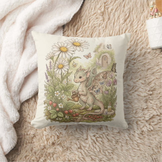 Cute Baby Dragon Gardening in Fairytale Cottage Throw Pillow