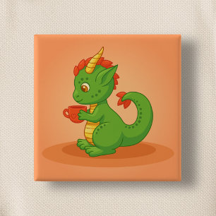 Cute Baby Dragon Holding Cup on Orange 2 Inch Square Button