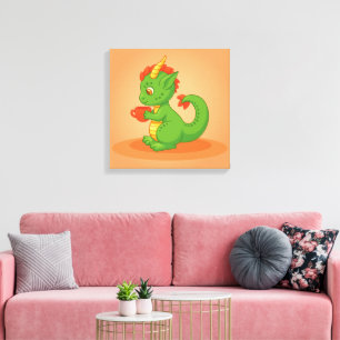 Cute Baby Dragon Holding Cup on Orange Canvas Print