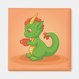 Cute Baby Dragon Holding Cup on Orange Magnet
