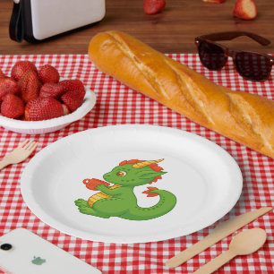 Cute Baby Dragon Holding Cup Paper Plate