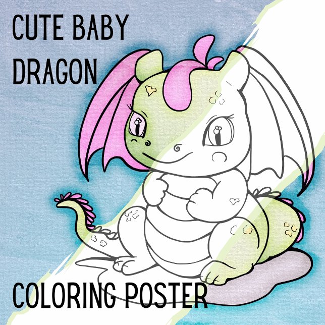 Cute Baby Dragon Large Colouring Page Poster (Cute Baby Dragon Coloring Poster. A Large Coloring Page experience hand illustrated by Suzy LeeLo.)