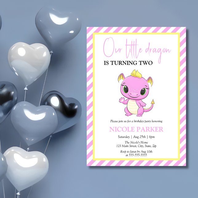 Cute Baby Dragon Pink Stripes Birthday Invitation (Creator Uploaded)
