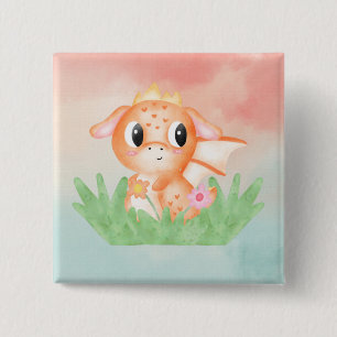 Cute Baby Dragon Watercolour Badge 2 Inch Square Button