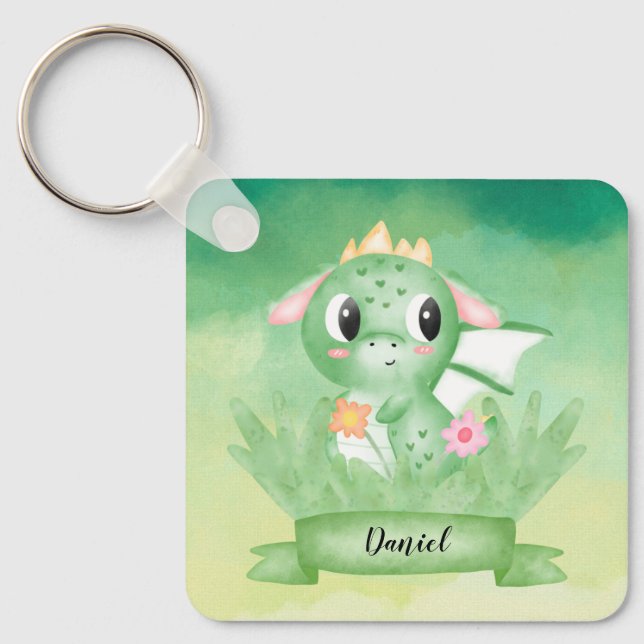 Cute Baby Dragon Watercolour Button Key Ring (Front)