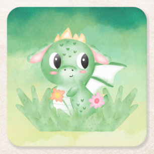 Cute Baby Dragon Watercolour Paper Coaster