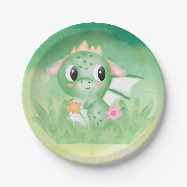Cute Baby Dragon Watercolour Paper Plate (Front)