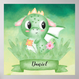 Cute Baby Dragon Watercolour Poster