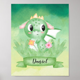 Cute Baby Dragon Watercolour Poster