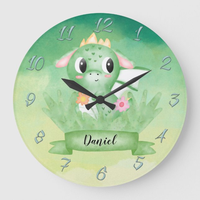 Cute Baby Dragon Watercolour Round Clock (Front)
