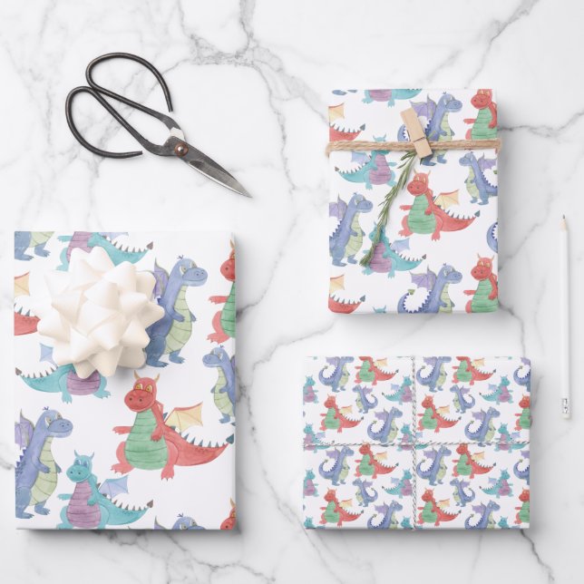 Cute Baby Dragons Happy Dancing Funny Kids Cartoon Wrapping Paper Sheet (Front)