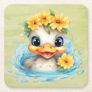 Cute Baby Duck Ducklings Fun animals flowers Square Paper Coaster
