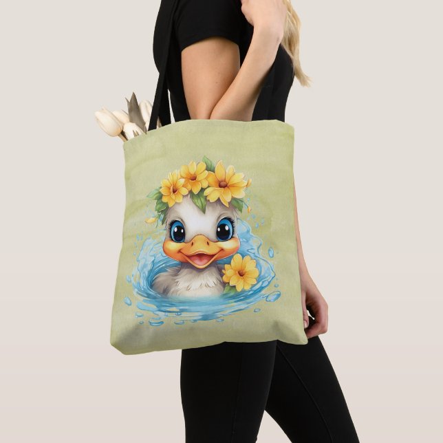 Cute Baby Duck Ducklings Fun animals flowers Tote Bag (Close Up)