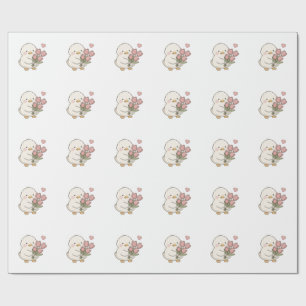 Cute Baby Duck Holding Tulip Bouquet Aesthetic Wrapping Paper