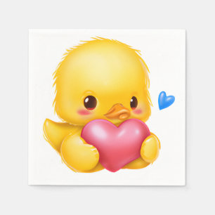 Cute Baby Duckling with a Pink Valentine Heart Napkin