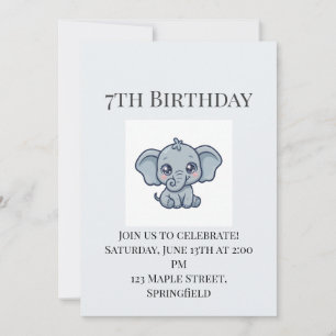 Cute Baby Elephant 7th Birthday Invitation