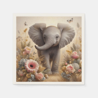 Cute Baby Elephant and Flowers Kids Party  Napkin