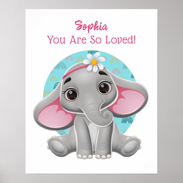 Cute Baby Elephant Art, Child's Name & Message  Poster (Front)